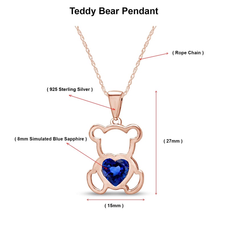 AFFY Teddy Bear Pendant Necklace for Women, 14K Rose Gold Over 925 Sterling Silver with Heart-Shaped Simulated BlueSapphire Cute Love Jewelry Gift with 18" Rope Chain - Image 2